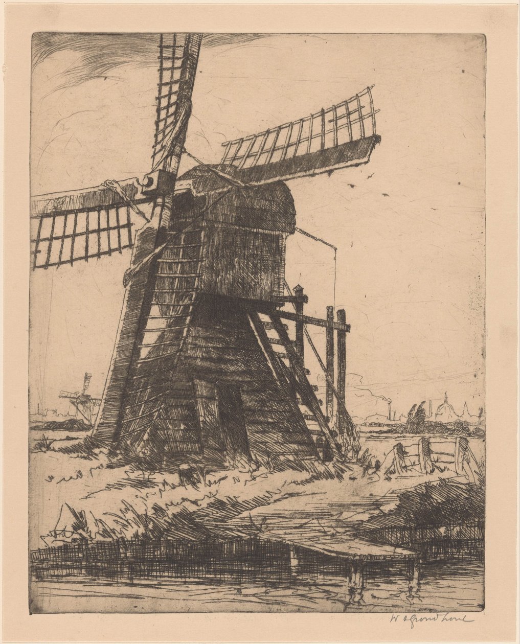Tuulimylly veden päällä lähellä Leideniä tekijältä Willem Adrianus Grondhout (signed by artist)