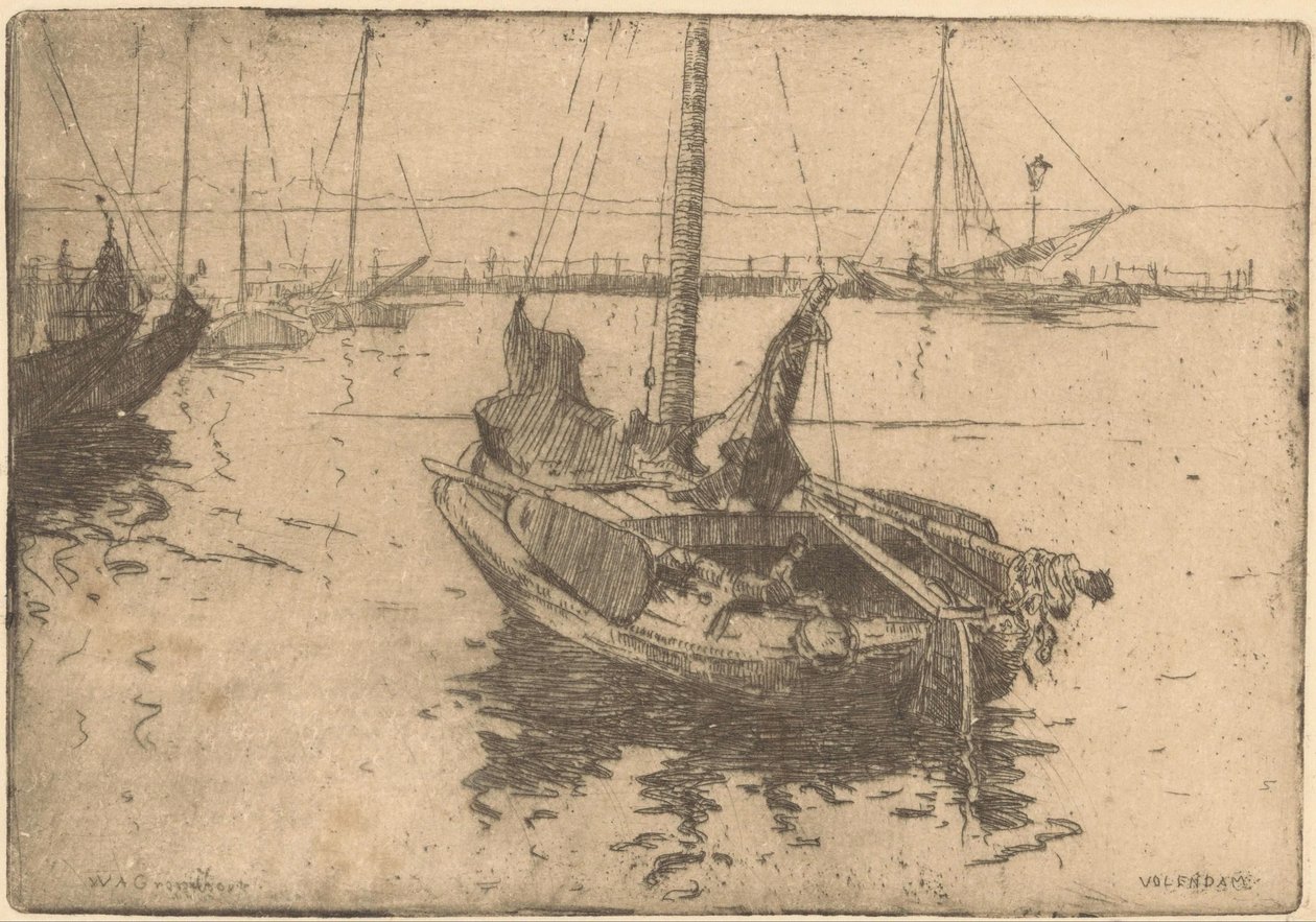 Proomut Volendamin satamassa tekijältä Willem Adrianus Grondhout (signed by artist)