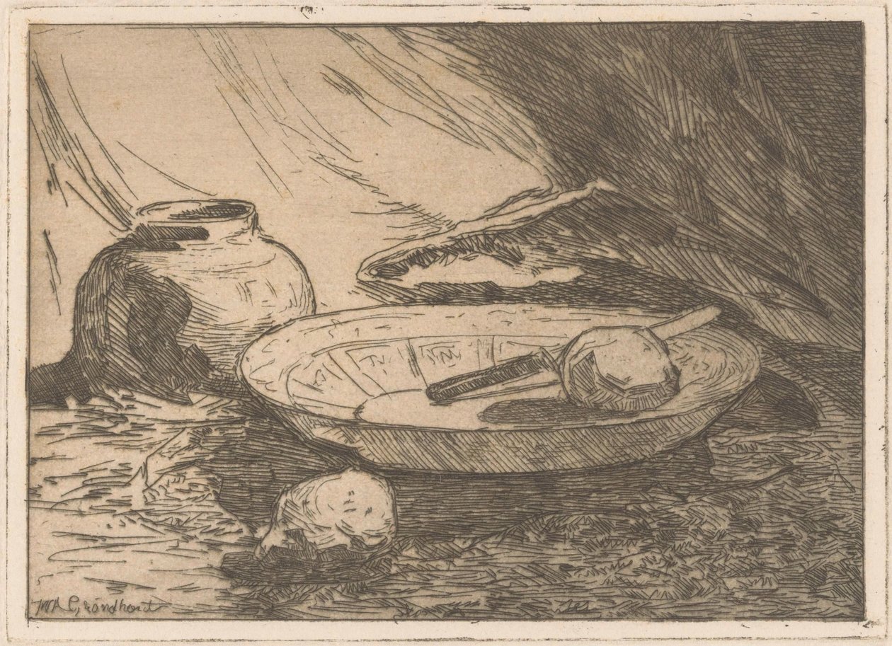 Asetelma pannulla ja kulholla tekijältä Willem Adrianus Grondhout (signed by artist)