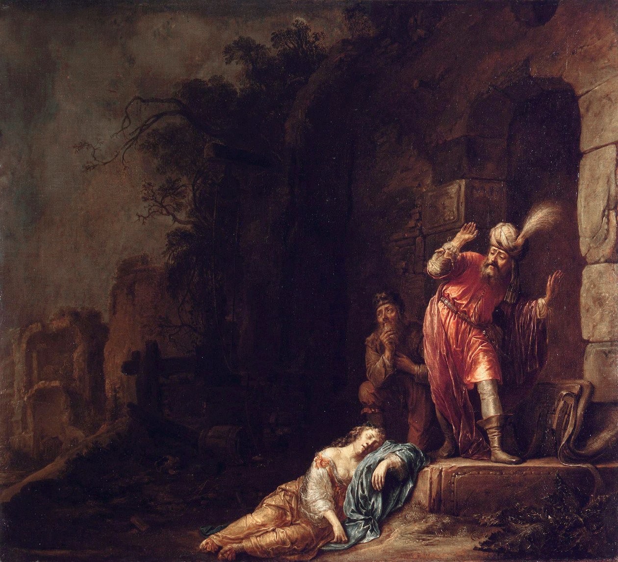 ""Efraimin leevilä"" Leeviläinen löytää rakkaansa elottoman ruumiin, jota rosvot pahoinpitelevät (Leeviläisen sivuvaimon kuolema) Willem Bartsiuksen (Bartiuksen) maalaus (1612-1657) tekijältä Willem Bartsius