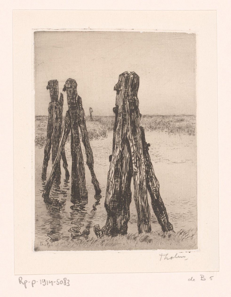 Kolme kiinnityspylvästä matalassa vedessä Ducdalven (alkuperäinen nimi) tekijältä Willem Bastiaan Tholen (signed by artist)