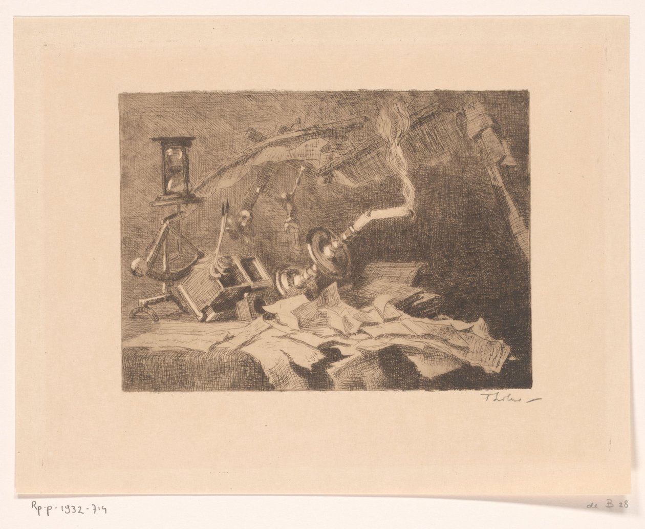 Asetelma putoavilla ja rikkoutuneilla esineillä Loppu (alkuperäinen nimi) tekijältä Willem Bastiaan Tholen (signed by artist)