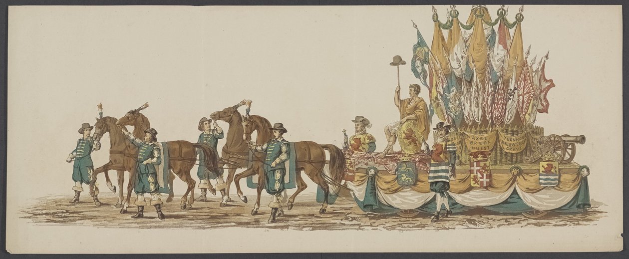 Delftin paraati 1862, kolmas ryhmä Delftin kuninkaallisen akatemian neljäs lustrum - Ao. 1862 - Costumed Optogt (sarjan nimi esineellä) tekijältä Willem Bernardus IJzerdraat