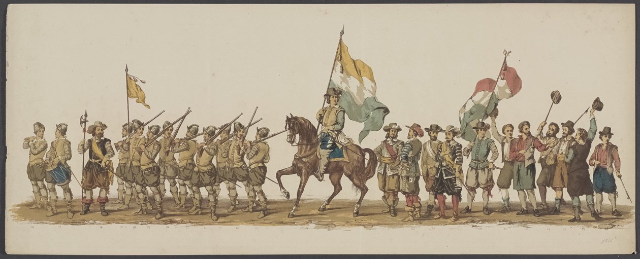 Delft-paraati 1862, ensimmäinen ja toinen ryhmä Delftin kuninkaallisen akatemian neljäs lustrum - Ao. 1862 - Costumed Optogt (sarjan nimi esineellä) tekijältä Willem Bernardus IJzerdraat