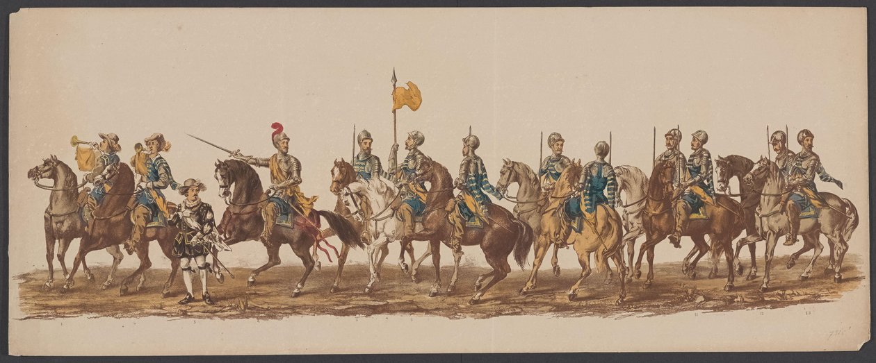 Delftin paraati 1862, ensimmäinen ryhmä Delftin kuninkaallisen akatemian neljäs lustrum - Ao. 1862 - Costumed Optogt (sarjan nimi esineellä) tekijältä Willem Bernardus IJzerdraat