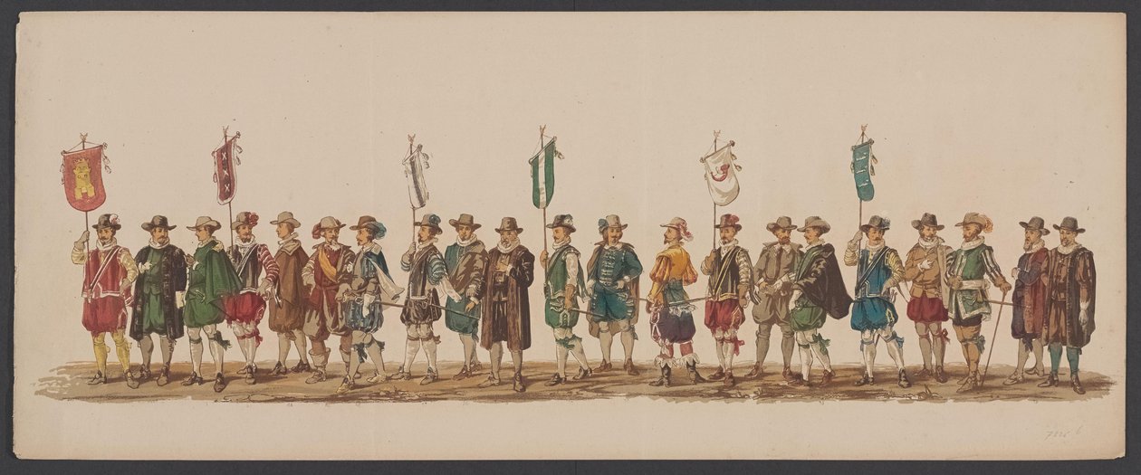 Delftin paraati 1862, viides ryhmä Delftin kuninkaallisen akatemian neljäs lustrum - Ao. 1862 - Costumed Optogt (sarjan nimi esineellä) tekijältä Willem Bernardus IJzerdraat