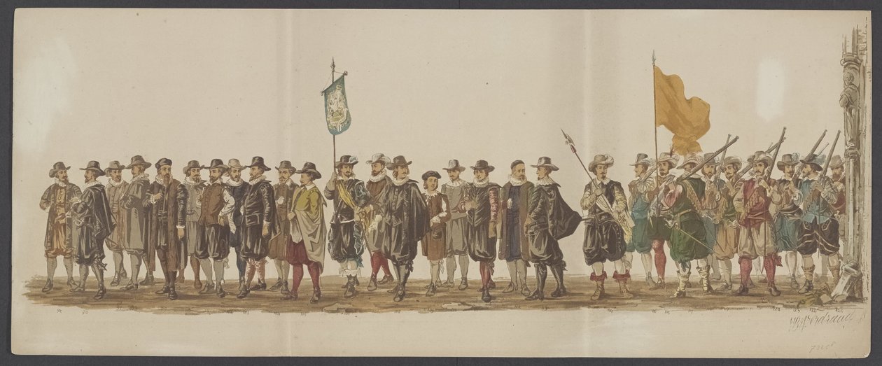 Delft-paraati 1862, seitsemäs ja kahdeksas ryhmä Delftin kuninkaallisen akatemian neljäs lustrum - Ao. 1862 - Costumed Optogt (sarjan nimi esineellä) tekijältä Willem Bernardus IJzerdraat