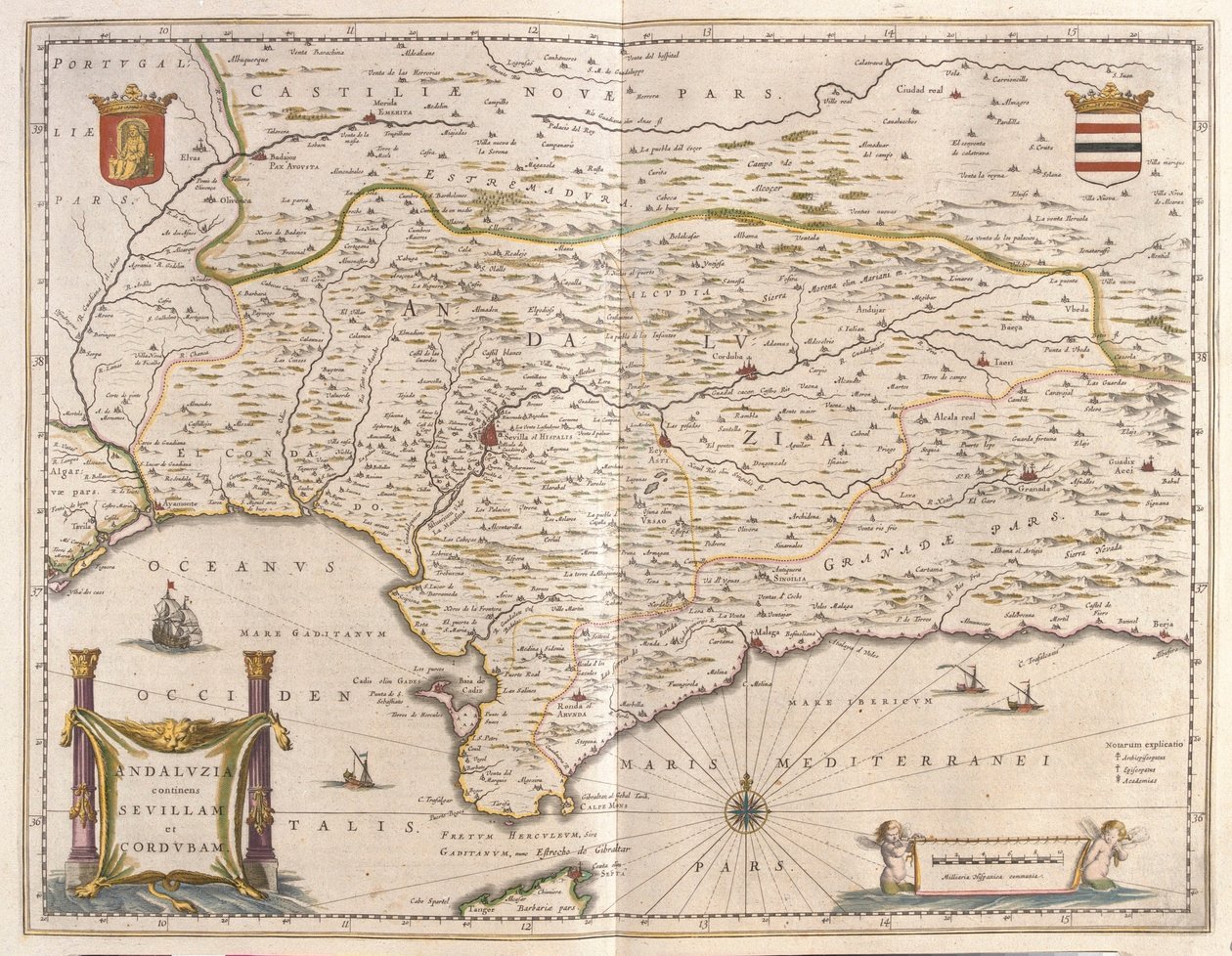 Andalusia ja Sevillan kaupunki, Gibraltarin salmi, Willem Blaeun "Theatrum Orbis Terrarum, sive Atlas Novus", Amsterdam. tekijältä Willem Blaeu