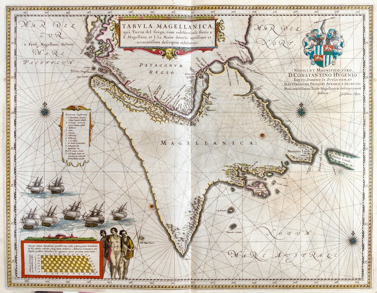 Argentiina, Chile, Magellaninsalmi, Fuegon maa, Willem Blaeun teoksessa "Theatrum Orbis Terrarum, sive Atlas Novus", Amsterdam. tekijältä Willem Blaeu