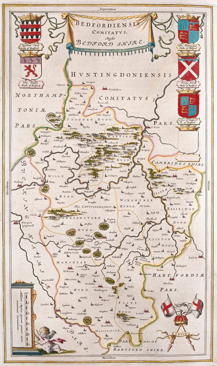 Bedford shire, Willem Blaeun teoksessa "Theatrum Orbis Terrarum, sive Atlas Novus", Amsterdam. tekijältä Willem Blaeu