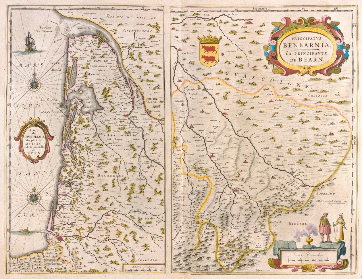 Bordelais-Pays du Médoc - Born- Aquitaine- Ranskan länsirannikko, teoksessa "Theatrum Orbis Terrarum, sive Atlas Novus", Willem Blaeu, Amsterdam. tekijältä Willem Blaeu