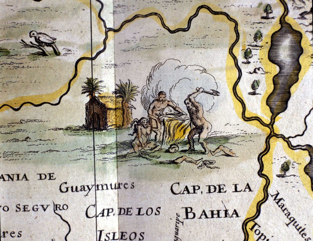 Brasilia. Kannibaalit edustavat miestä kirveellä. Yksityiskohta W. Blaeun atlaskartan kartasta tekijältä Willem Blaeu