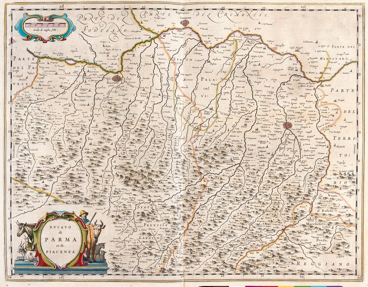 Parman ja Piacenzan kaupungit, Italia, Willem Blaeun "Theatrum Orbis Terrarum, sive Atlas Novus" -teoksessa, Amsterdam. tekijältä Willem Blaeu