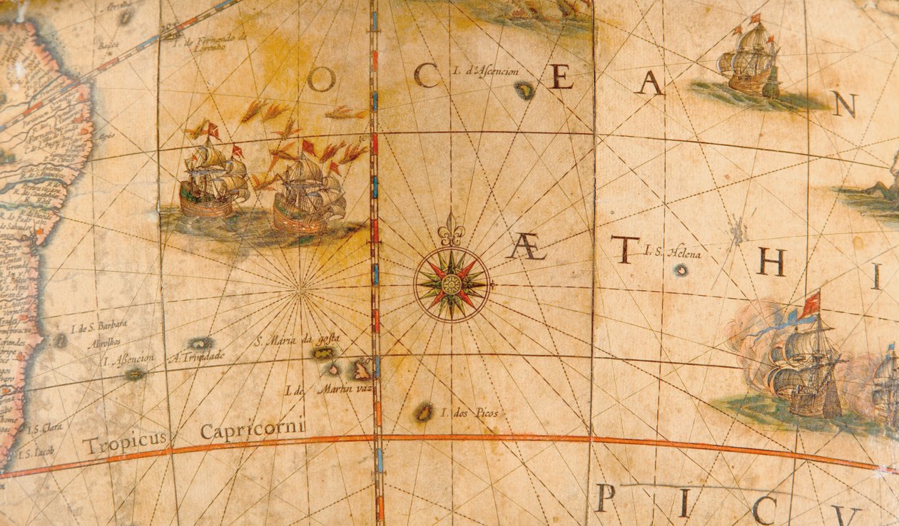 Yksityiskohta taistelulaivoista Atlantin valtamerellä maapallolta 1645/48 tekijältä Willem Blaeu