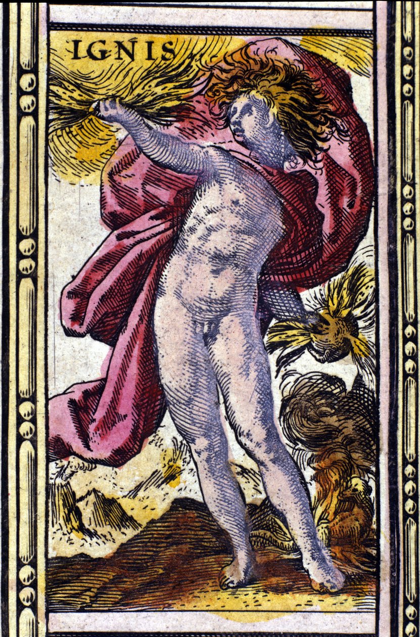 Tuli, yksi neljästä elementistä, jotka esitetään W. Blaeun Amsterdamissa vuonna 1655 painetussa Atlasissa. tekijältä Willem Blaeu