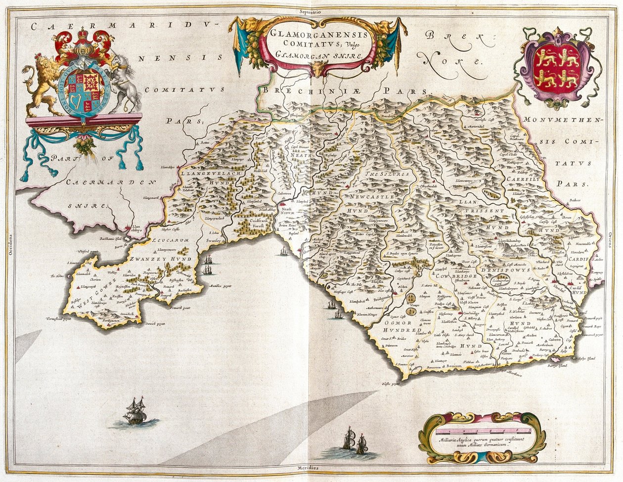 Glamorgan shire, teoksessa "Theatrum Orbis Terrarum, sive Atlas Novus", kirjoittanut Willem Blaeu, Amsterdam. tekijältä Willem Blaeu