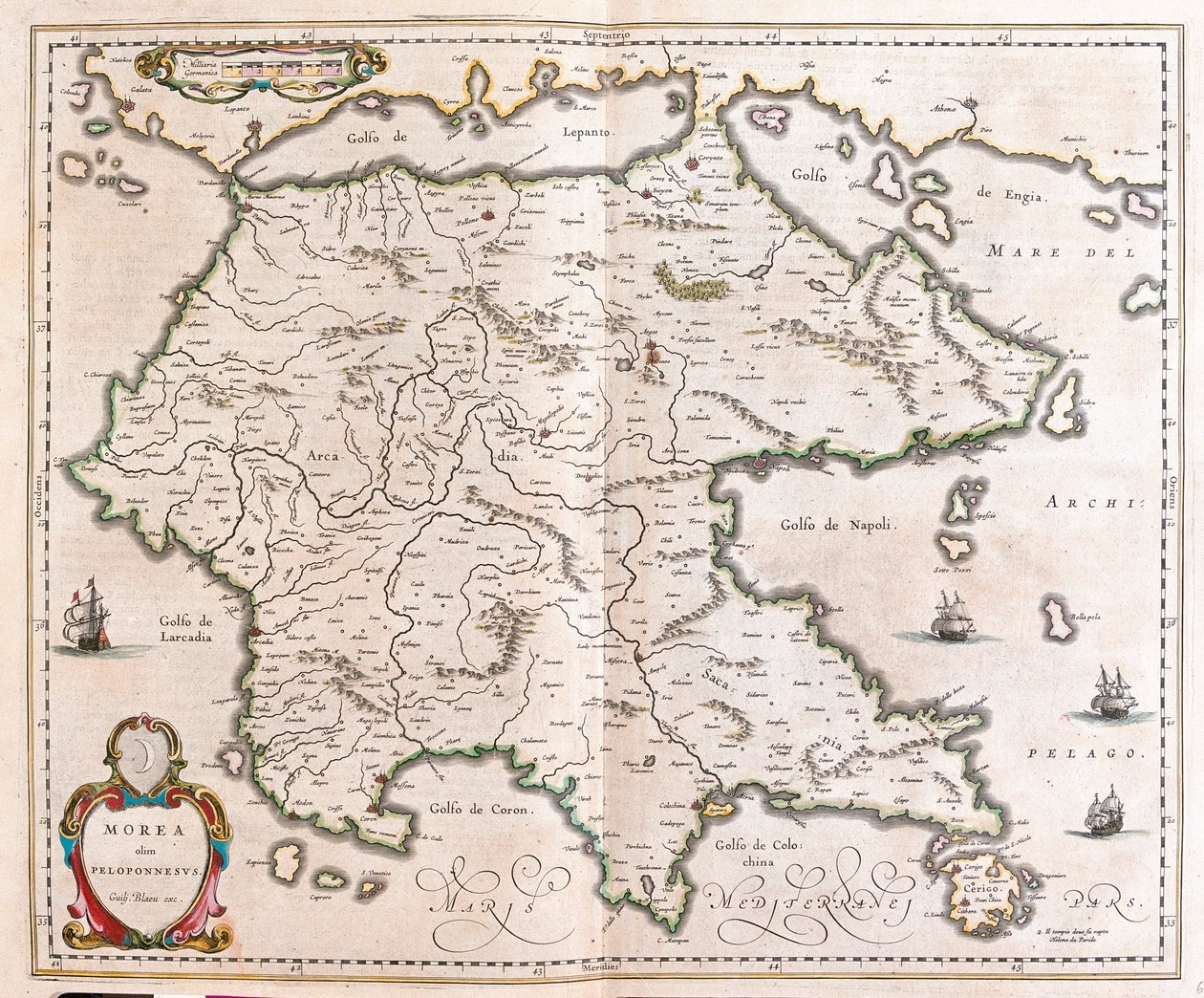 Kreikka, Peloponnesos, Willem Blaeun teoksessa "Theatrum Orbis Terrarum, sive Atlas Novus", Amsterdam. tekijältä Willem Blaeu