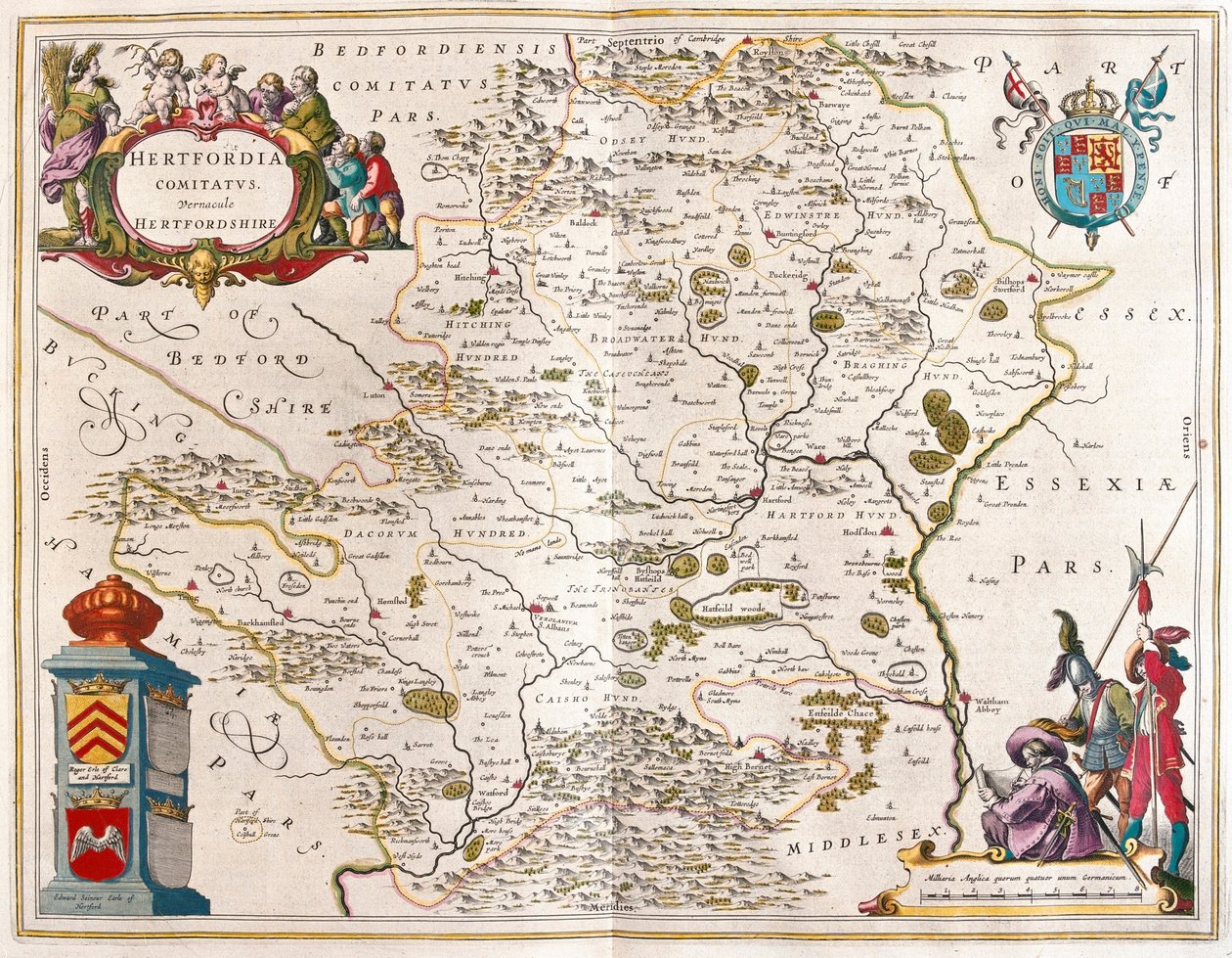Hertford shire, Willem Blaeun teoksessa "Theatrum Orbis Terrarum, sive Atlas Novus", Amsterdam. tekijältä Willem Blaeu