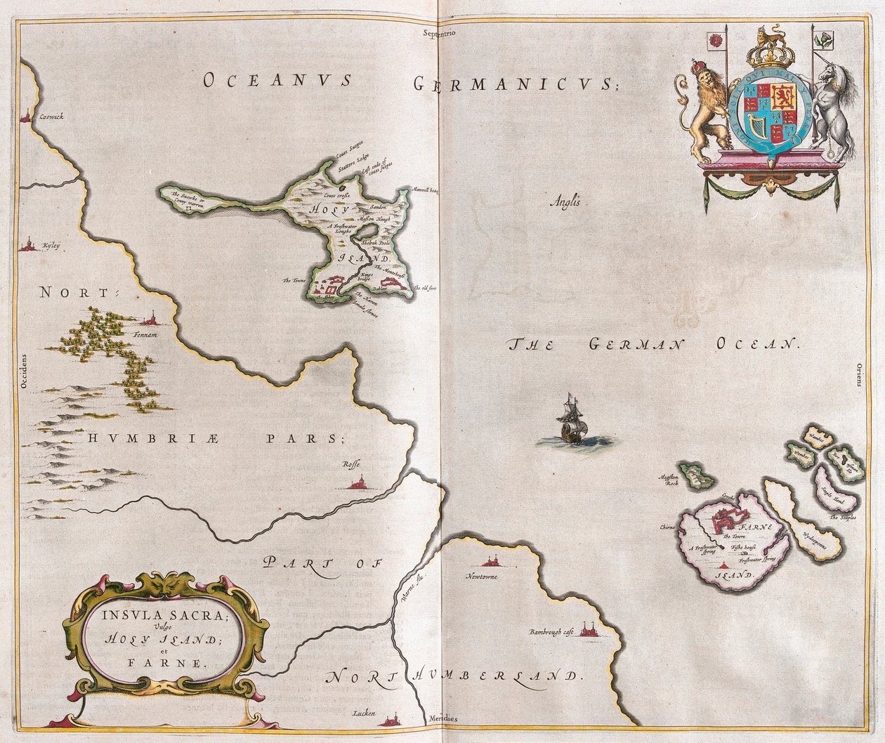 Pyhä saari ja Lindisfarne, teoksessa "Theatrum Orbis Terrarum, sive Atlas Novus", Willem Blaeu, Amsterdam. tekijältä Willem Blaeu