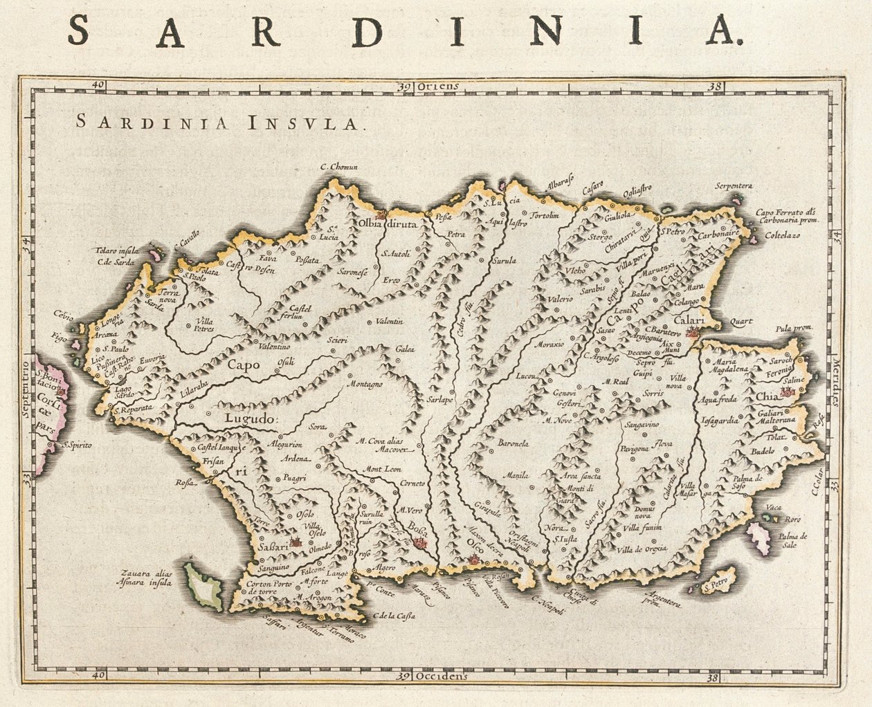 Sardinian saari, Italia, Willem Blaeun teoksessa "Theatrum Orbis Terrarum, sive Atlas Novus", Amsterdam. tekijältä Willem Blaeu