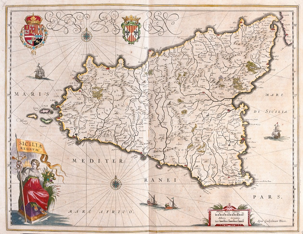 Sisilian saari, Italia, Willem Blaeun teoksessa "Theatrum Orbis Terrarum, sive Atlas Novus", Amsterdam. tekijältä Willem Blaeu
