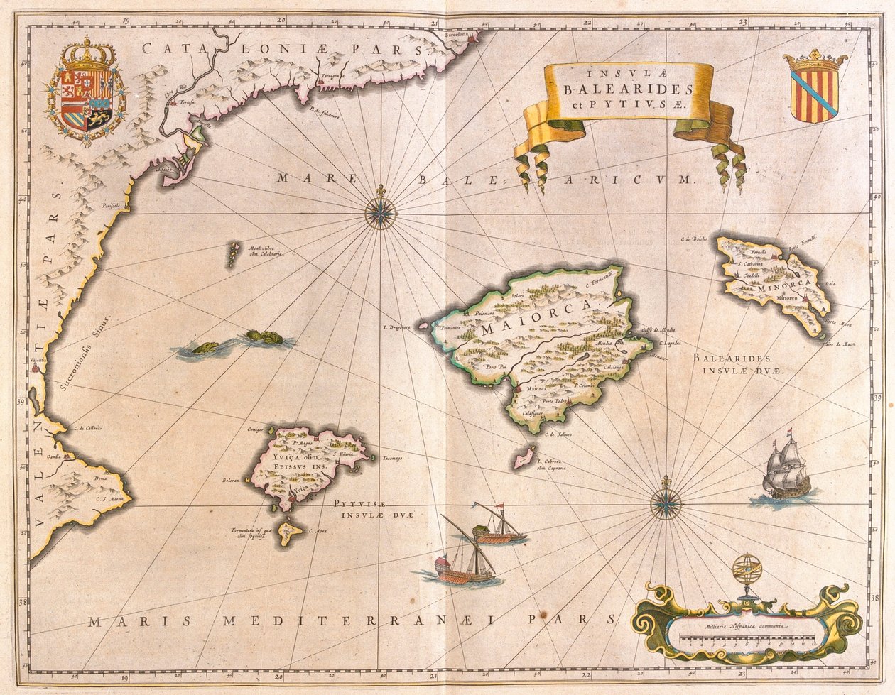 Mallorca, Menorca ja Ibiza, mukaan lukien Katalonian ja Valencian rannikot, Willem Blaeun Amsterdamissa julkaisemassa teoksessa "Theatrum Orbis Terrarum, sive Atlas Novus". tekijältä Willem Blaeu