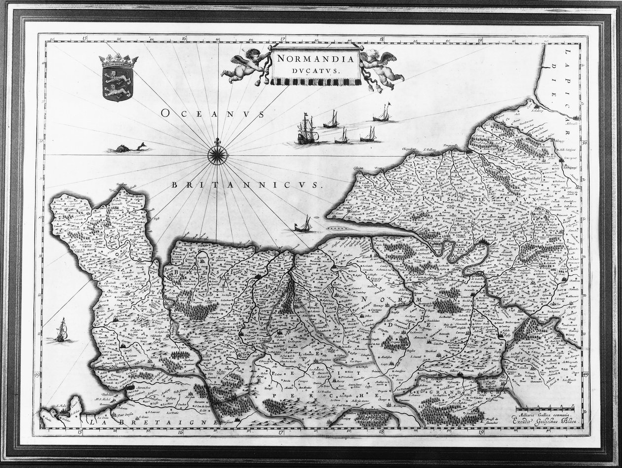 Normandian kartta Willem ja Joan Blaeun Theatrum Orbis Terrarum- tai Atlas Novus -kuvituksen jälkeen, Normandia Ducatus -levy tekijältä Willem Blaeu