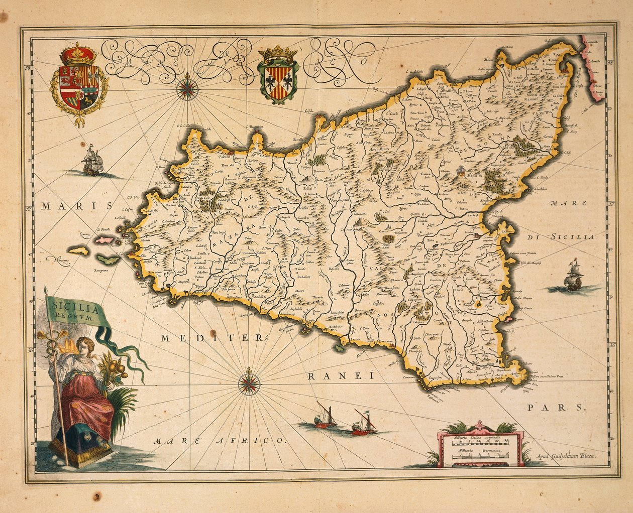 Sisilian kartta, Willem Blaeu, Regionum Italiae, kaiverrus tekijältä Willem Blaeu