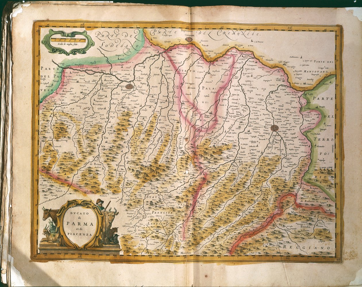 Parman herttuakunnan kartta, Willem Blaeun kaiverrus Regionum Italiaesta, painettu Italiassa tekijältä Willem Blaeu