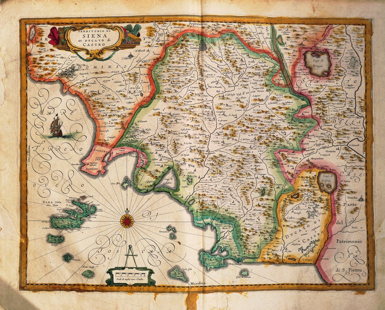 Sienan rajojen kartta, Willem Blaeu, Regionum Italiae, kaiverrus tekijältä Willem Blaeu
