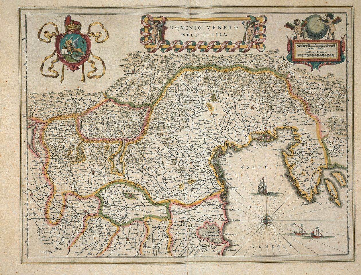 Venetsialaisen alueen kartta, Willem Blaeun suunnittelema Regionum Italiae, kaiverrus tekijältä Willem Blaeu