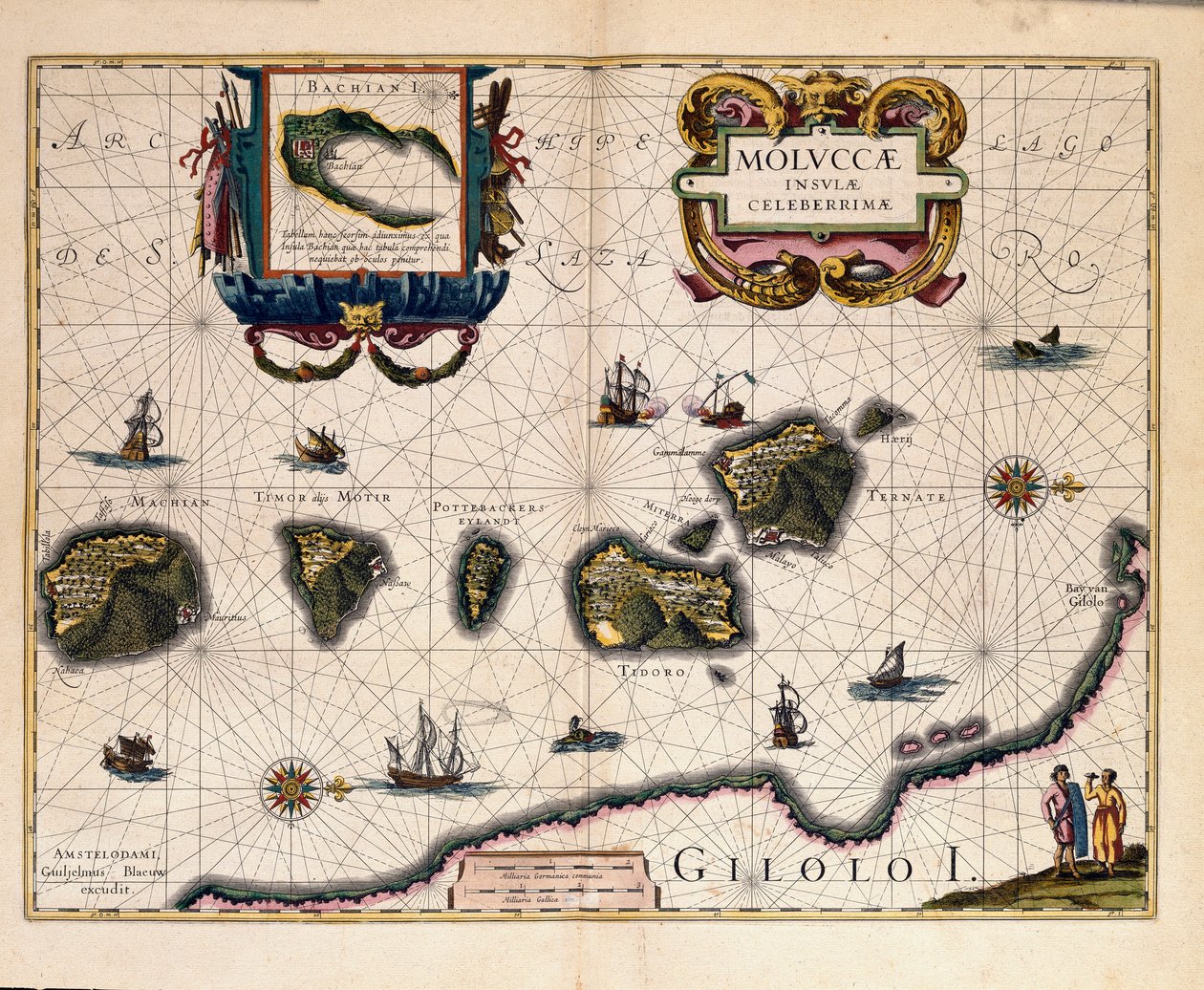 Indonesian itäpuolella sijaitsevien Molukkisaarten kartta. (kaiverrus tekijältä Willem Blaeu