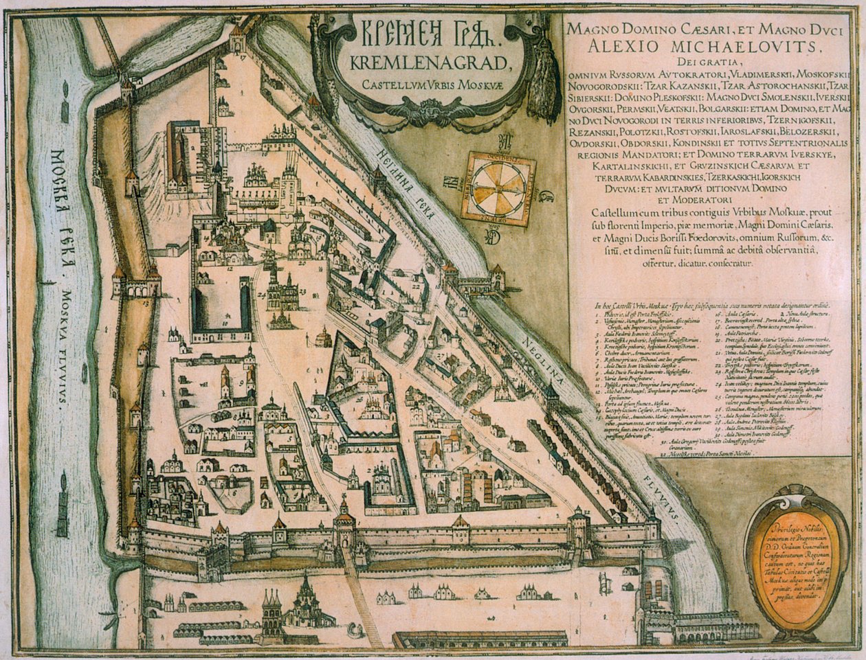 Moskovan Kremlin kartta Castellum Urbis Moskvae, Venäjä, 1597 tekijältä Willem Blaeu