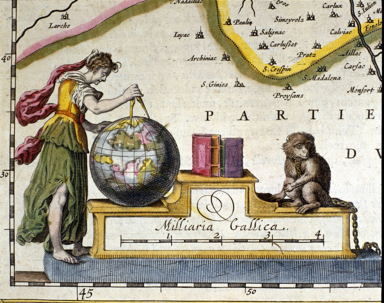 Maan mittaus. Yksityiskohta Willem Janszoon Blaeun (1571-1638) atlasesta. Amsterdam 1630. tekijältä Willem Blaeu