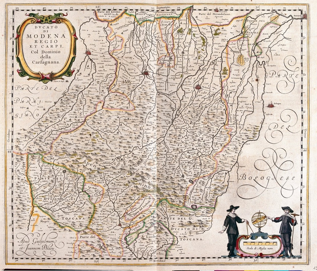 Modena, Reggio Emilia, Carpi, loppuosa Garfagnanasta, Italia, Willem Blaeun "Theatrum Orbis Terrarum, sive Atlas Novus", Amsterdam. tekijältä Willem Blaeu