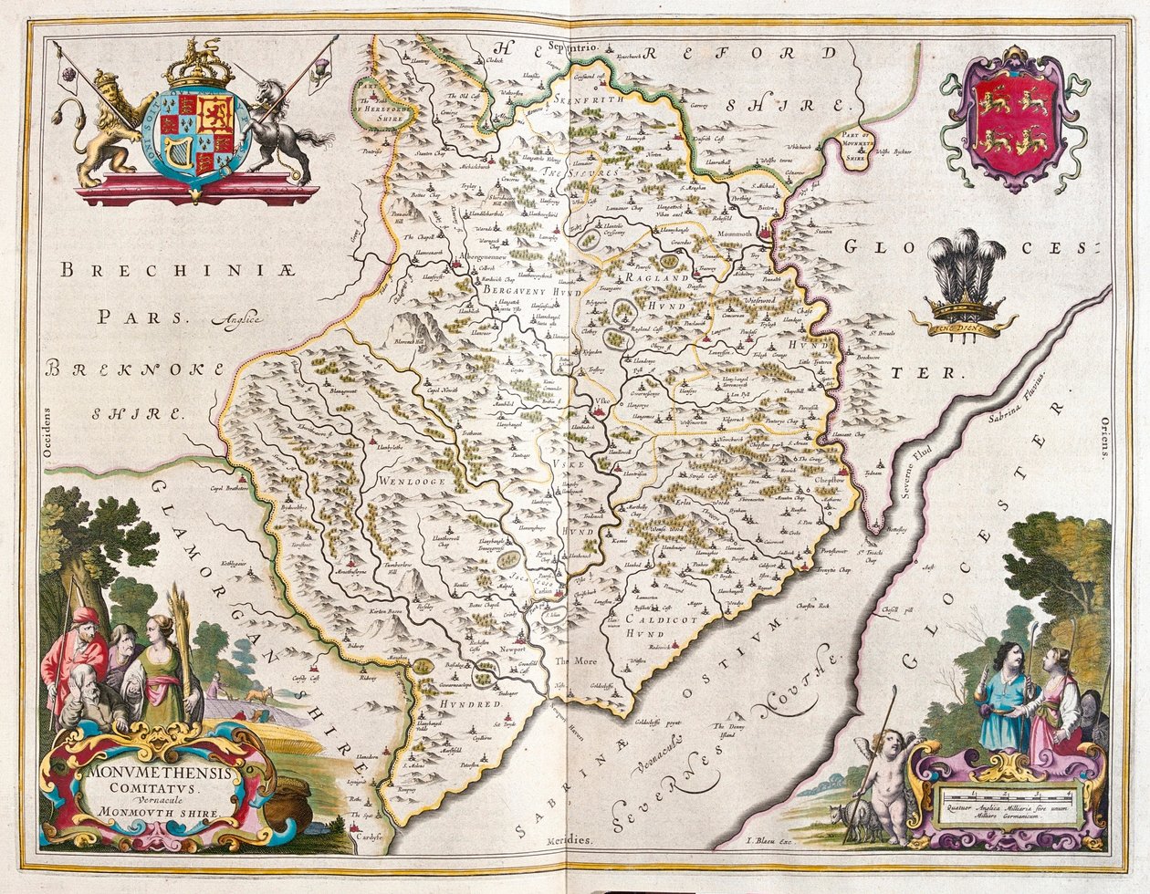 Monmouth shire (Englanti ja Wales), teoksessa "Theatrum Orbis Terrarum, sive Atlas Novus", kirjoittanut Willem Blaeu, Amsterdam. tekijältä Willem Blaeu