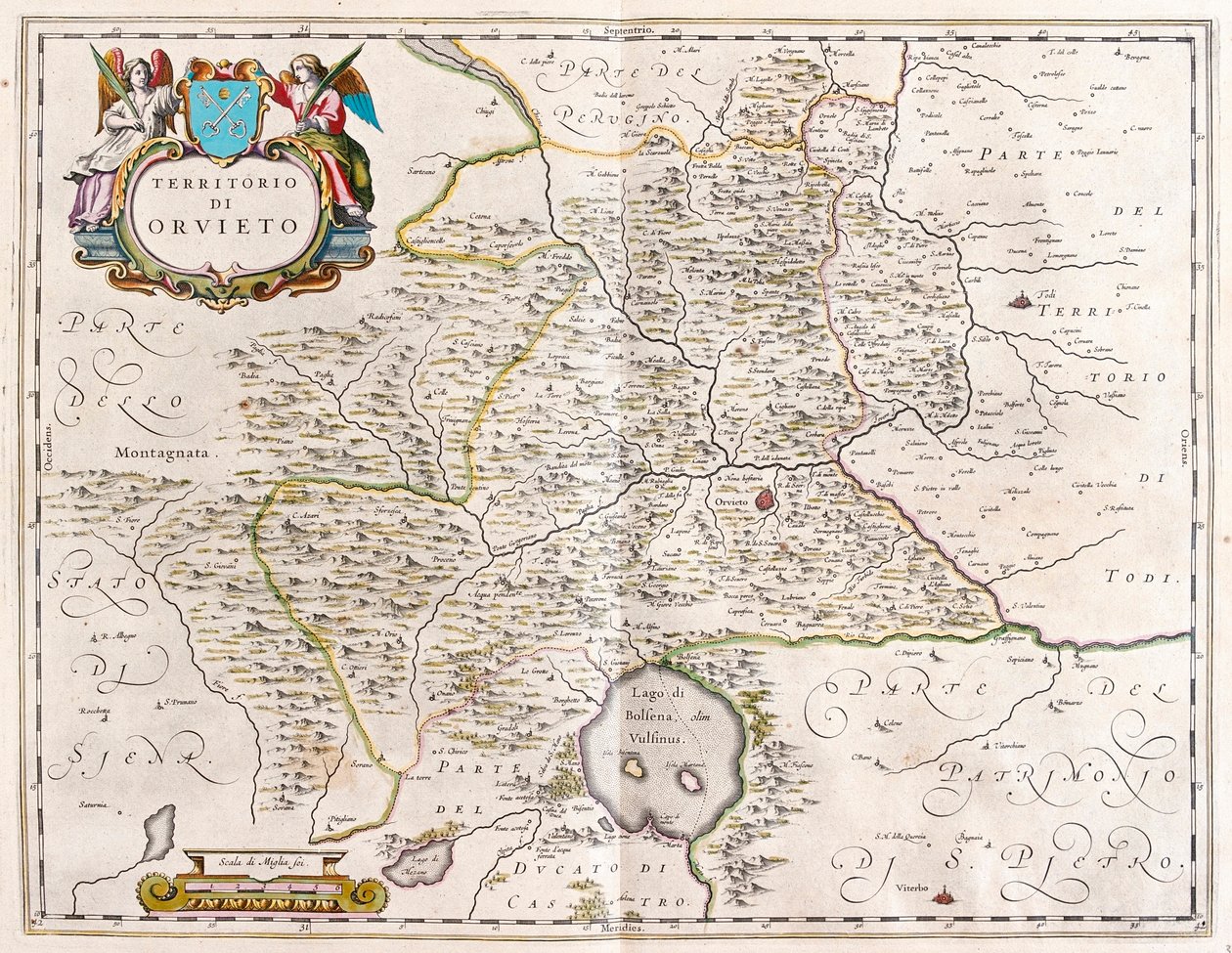 Orvieto, Bolsenan järvi, Italia, Willem Blaeun "Theatrum Orbis Terrarum, sive Atlas Novus", Amsterdam. tekijältä Willem Blaeu