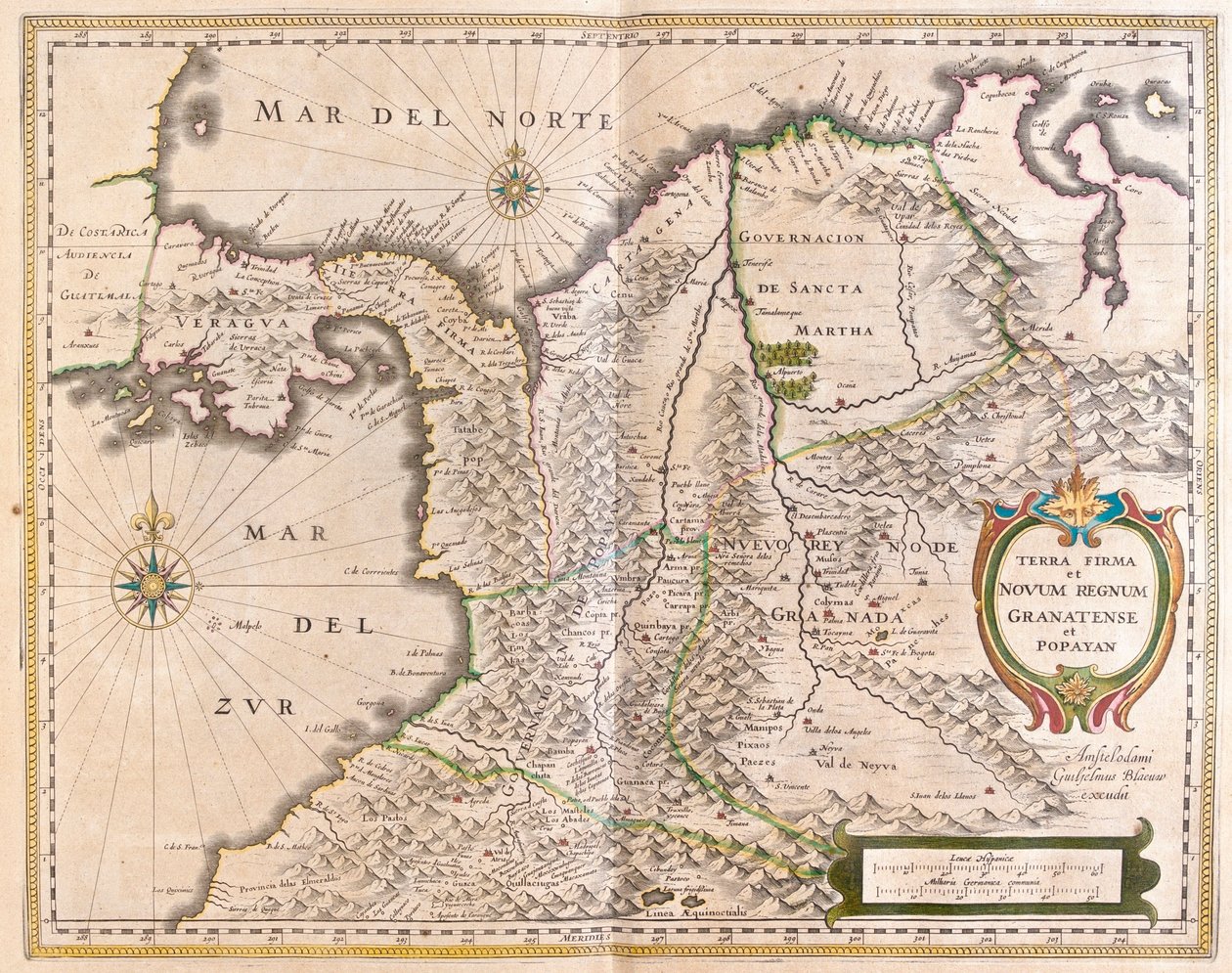 Panama, Kolumbia ja osa Ecuadorista ja Venezuelasta, Willem Blaeun "Theatrum Orbis Terrarum, sive Atlas Novus", Amsterdam. tekijältä Willem Blaeu