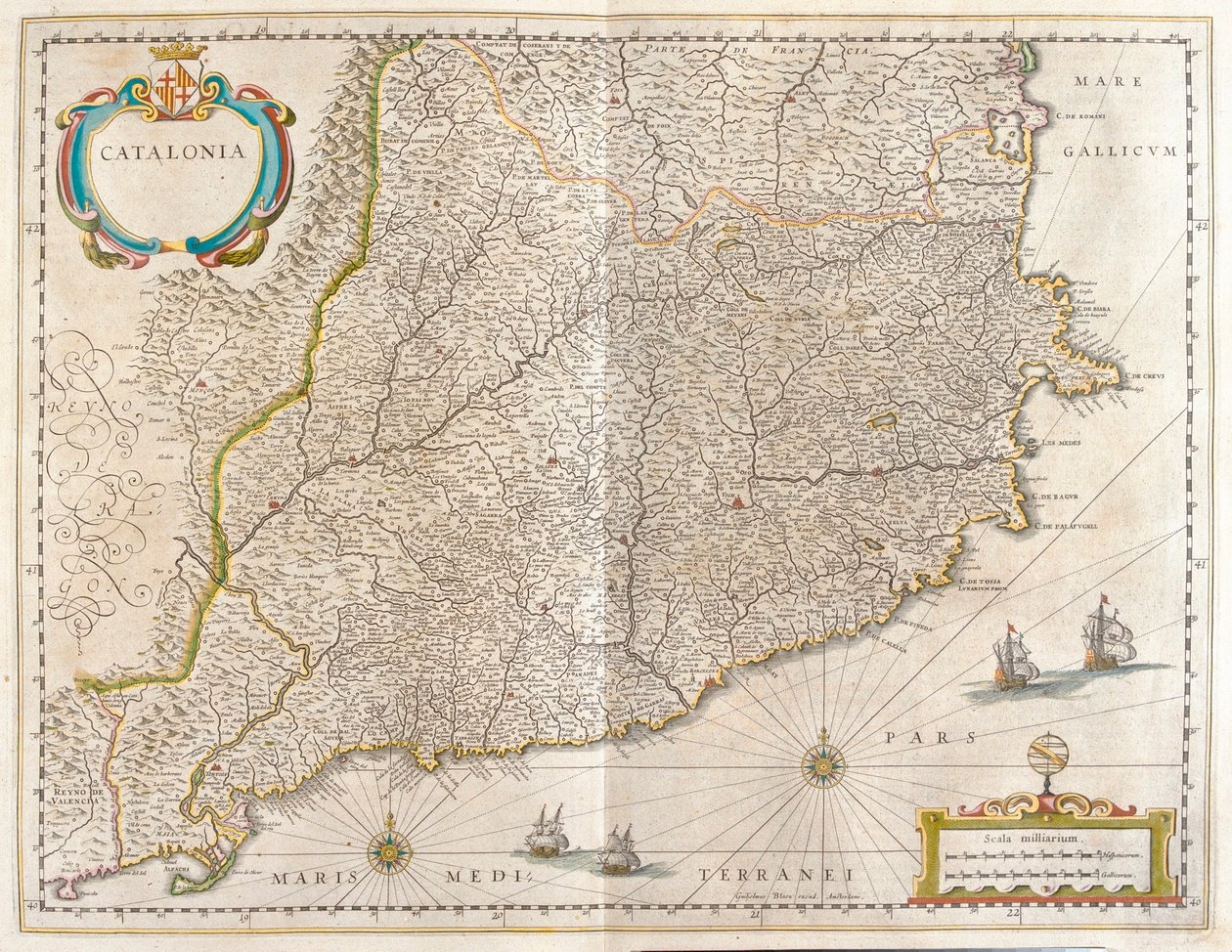 Katalonian maakunta, Espanja, Willem Blaeun "Theatrum Orbis Terrarum, sive Atlas Novus" -teoksessa, Amsterdam. tekijältä Willem Blaeu