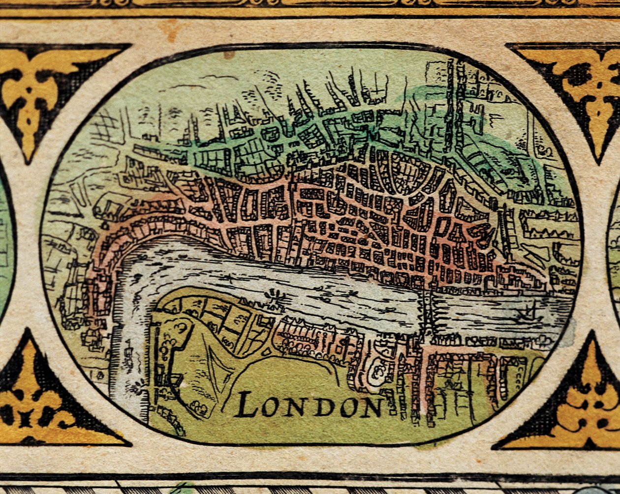 "" Lontoon Cityn esitys "" Maailmankartan yksityiskohta Willem Janszoon Blaeun (1571-1638) "Theatre of the World" -teoksessa tekijältä Willem Blaeu