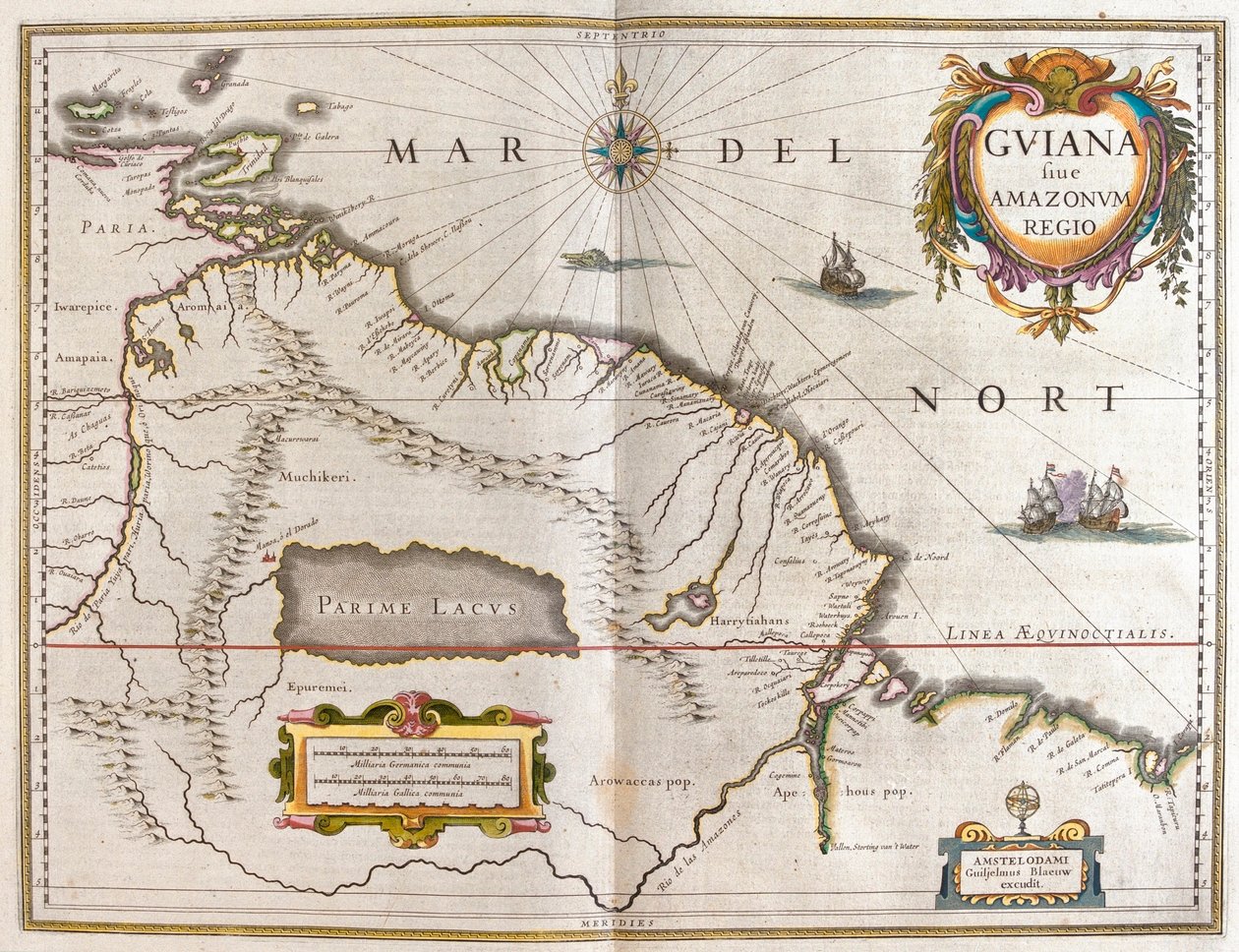 Orinoco-joki, Rio Amazzonas, Venezuela, Koillis-Brasilia, Willem Blaeun "Theatrum Orbis Terrarum, sive Atlas Novus", Amsterdam. tekijältä Willem Blaeu