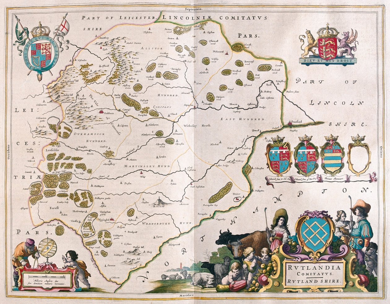 Rutland shire, teoksessa "Theatrum Orbis Terrarum, sive Atlas Novus", kirjoittanut Willem Blaeu, Amsterdam. tekijältä Willem Blaeu