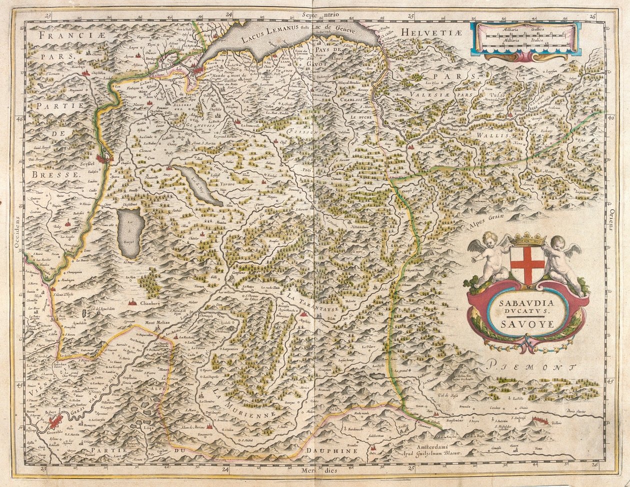 Savoie, Geneve ja Leman-järvi, Grenoble, Willem Blaeun "Theatrum Orbis Terrarum, sive Atlas Novus", Amsterdam. tekijältä Willem Blaeu