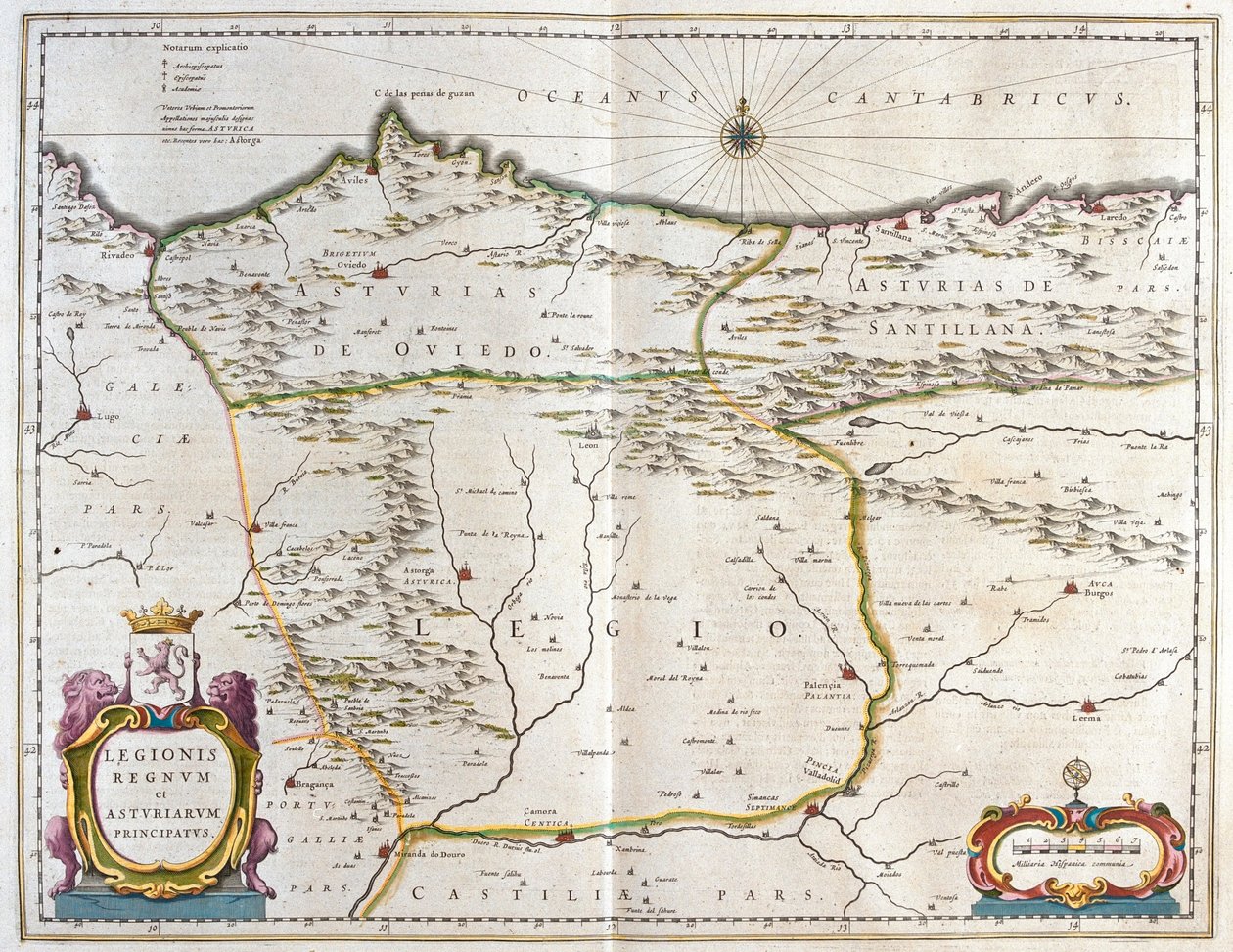 Espanjan Asturian, Kastilian ja Leónin maakunta, mukaan lukien Oviedon, Leónin, Santanderin ja Valladolidin kaupungit, Willem Blaeun, Amsterdam, teoksessa "Theatrum Orbis Terrarum, sive Atlas Novus". tekijältä Willem Blaeu