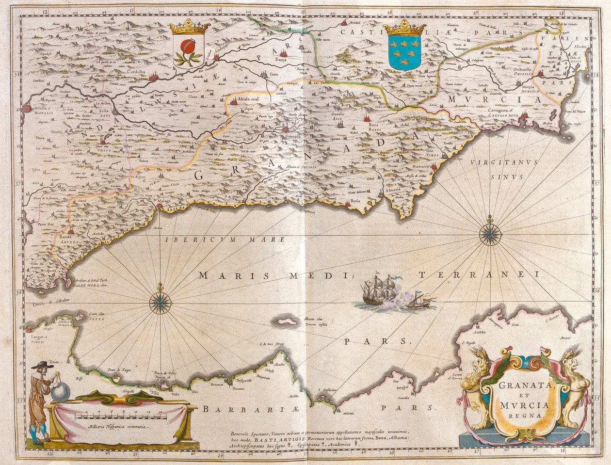 Gibraltarin salmesta Alicanteen, Guagalquivirin laaksoon ja Sevillaan sekä Pohjois-Afrikan rannikolle, Willem Blaeun teoksessa "Theatrum Orbis Terrarum, sive Atlas Novus", Amsterdam. tekijältä Willem Blaeu