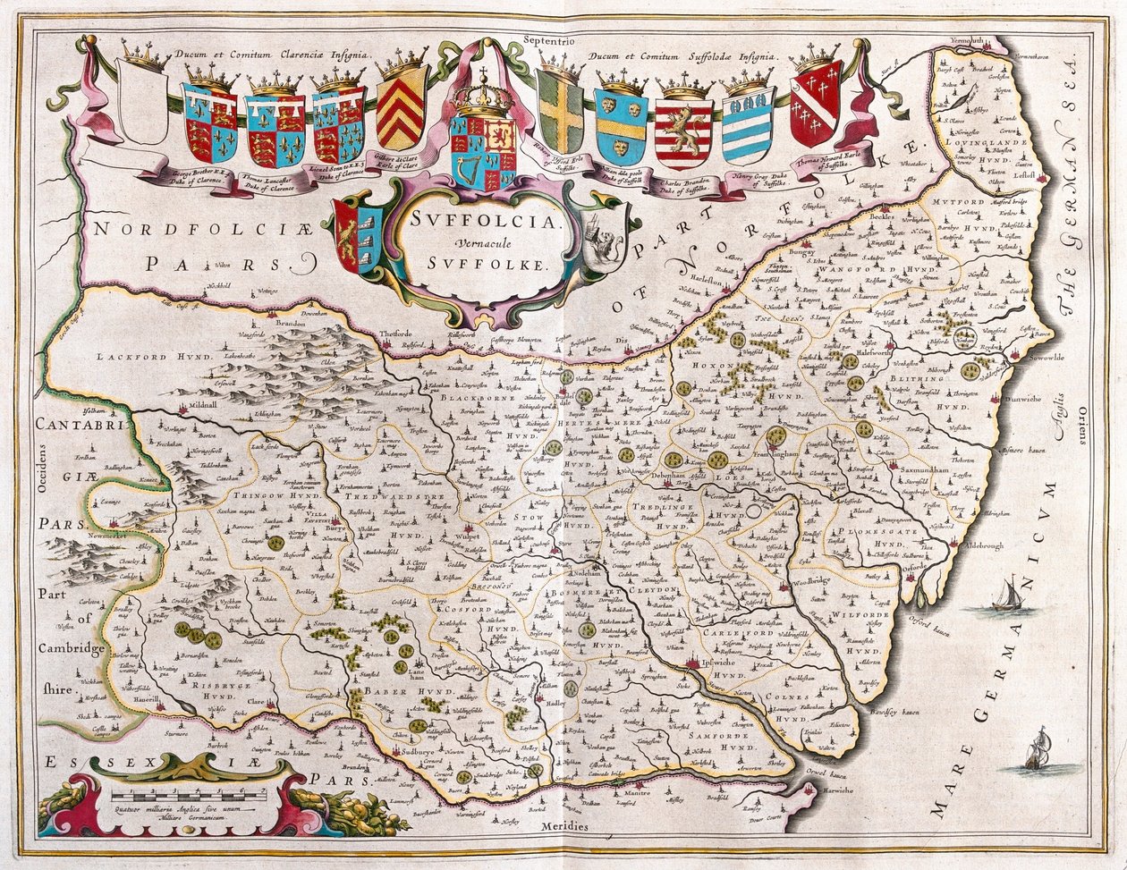 Suffolk, teoksessa "Theatrum Orbis Terrarum, sive Atlas Novus", kirjoittanut Willem Blaeu, Amsterdam. tekijältä Willem Blaeu