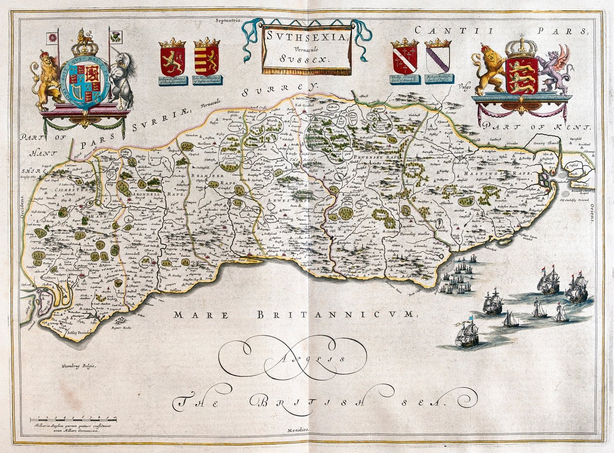 Sussex, teoksessa "Theatrum Orbis Terrarum, sive Atlas Novus", Willem Blaeu, Amsterdam. tekijältä Willem Blaeu