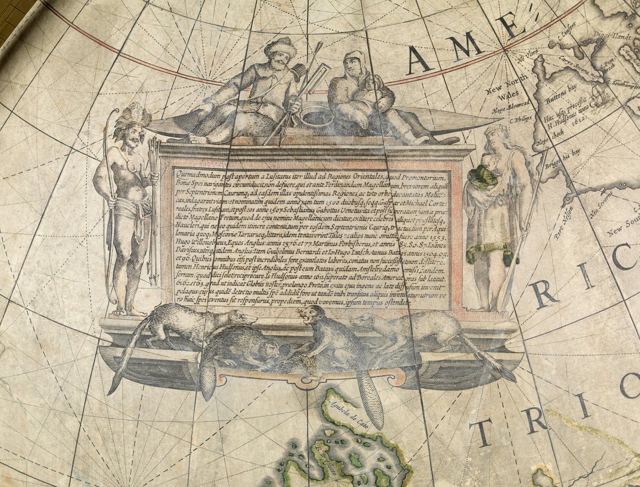 Maanpäällinen lattiaglobus, yksityiskohta kartturista, n.1650 (papier mache, kipsi, kuparikaiverrus, muste, lakka, messinki, puu, paperi). tekijältä Willem Blaeu