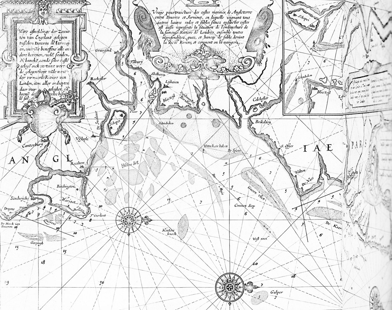 The Thamesin suisto Willem Janszoon Blaeun The Sea-Mirrour atlasista, joka julkaistiin Amsterdamissa vuonna 1633. tekijältä Willem Blaeu