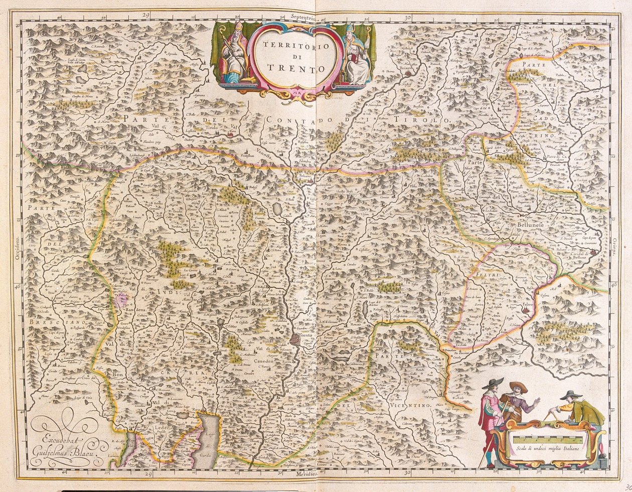Trento, Italia, Willem Blaeun "Theatrum Orbis Terrarum, sive Atlas Novus" -teoksessa, Amsterdam. tekijältä Willem Blaeu